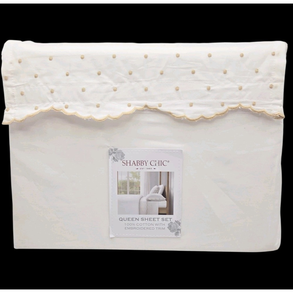Shabby Chic 4pc White Cotton Queen Sheet Set Embroidered Scalloped Tan Polka Dot